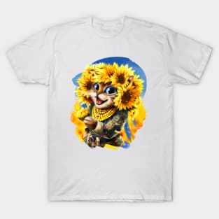 Ukrainian girl cat in a wreath of sunflowers T-Shirt